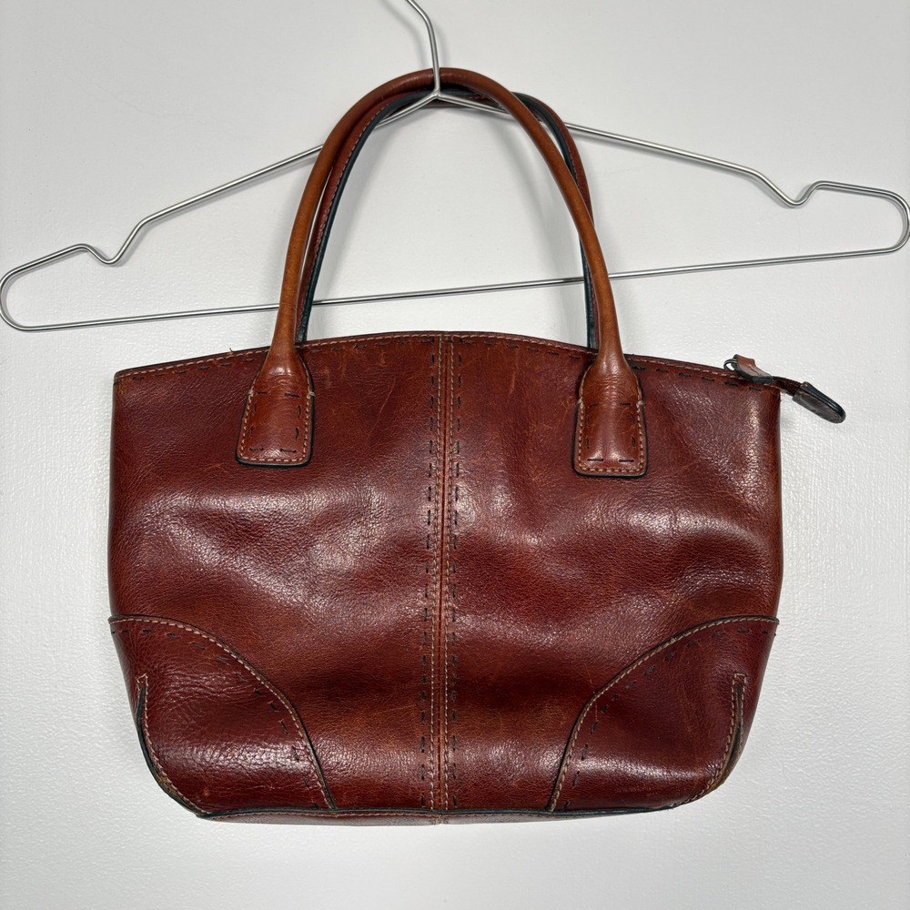 Fossil Women Handbag Medium Brown Leather Vintage Satchel Whipstitch Tote Y2K
